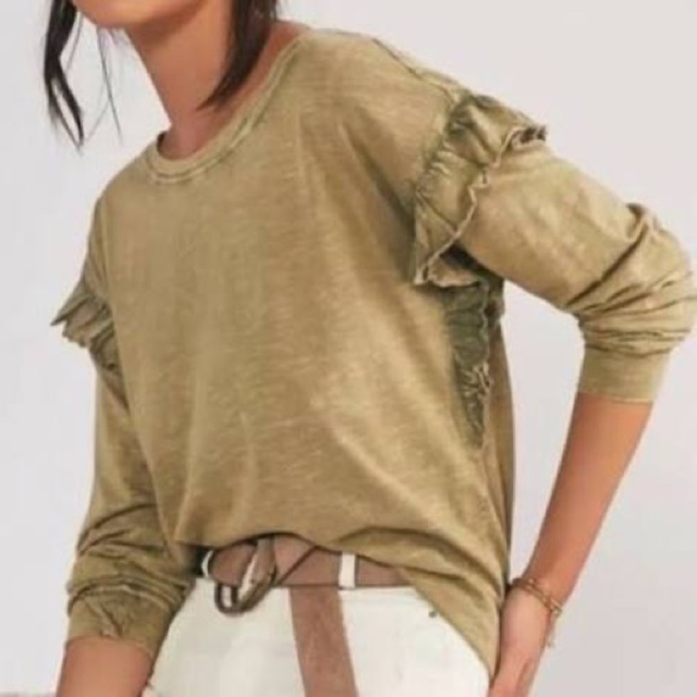 Anthropologie white long sleeved t w ruffled S